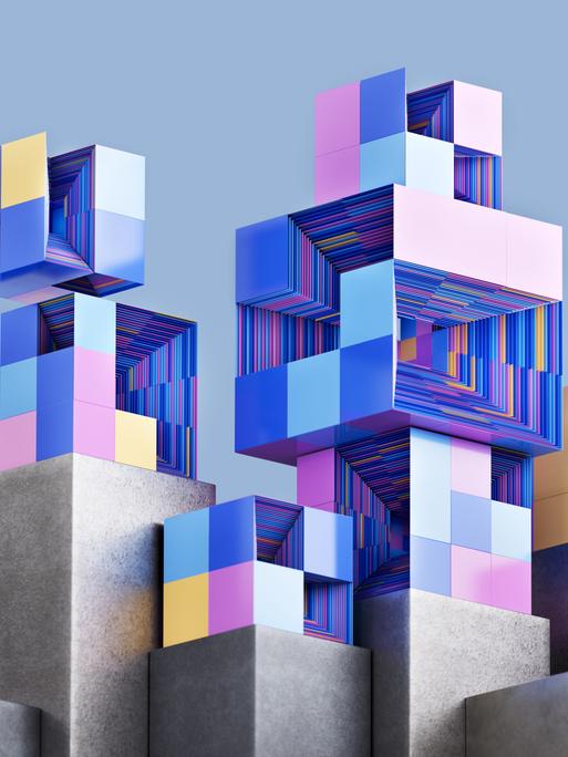 Digital generiertes Bild von futuristischen Würfeln, die miteinander verbunden sind als Symbolbild für Cloud-Technologie, IT, Big Data und künstliche Intelligenz.
