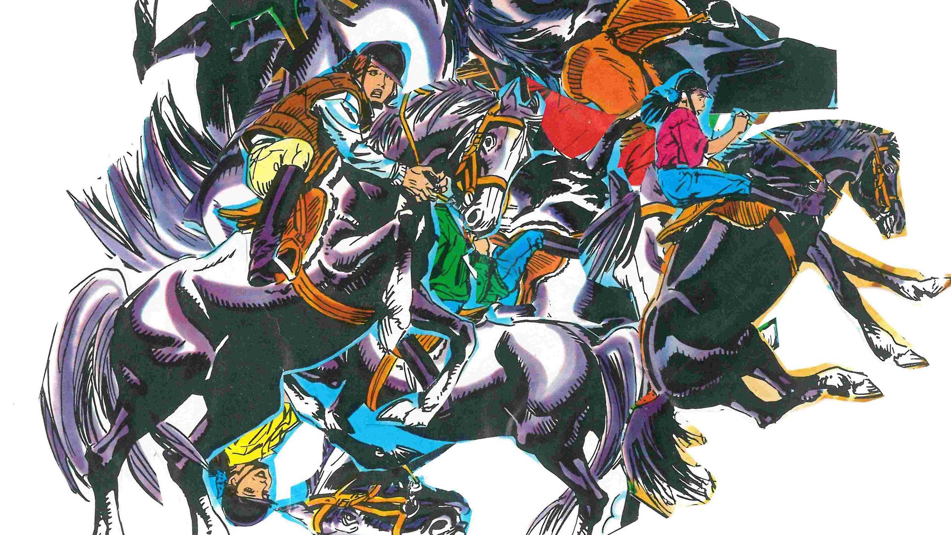 Collage von angstvollen Wendy-Figuren auf Pferden, actionreich und chaotisch