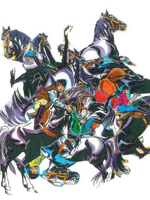 Collage von angstvollen Wendy-Figuren auf Pferden, actionreich und chaotisch