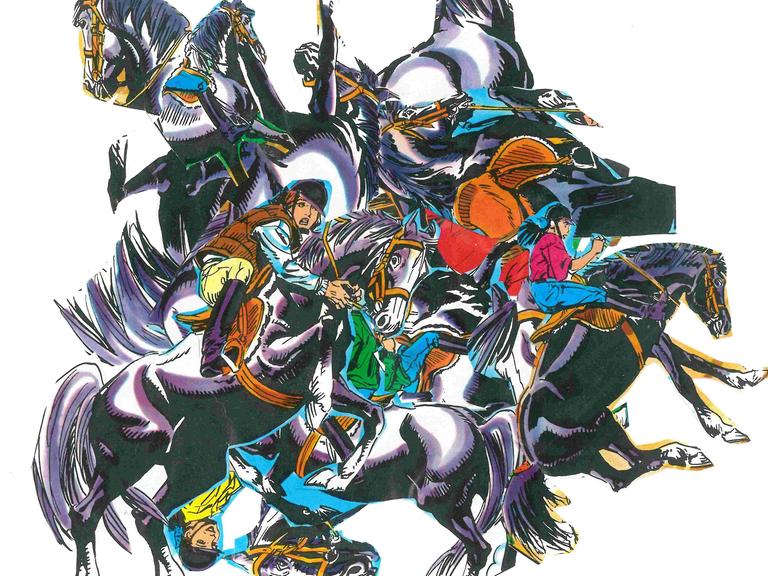 Collage von angstvollen Wendy-Figuren auf Pferden, actionreich und chaotisch