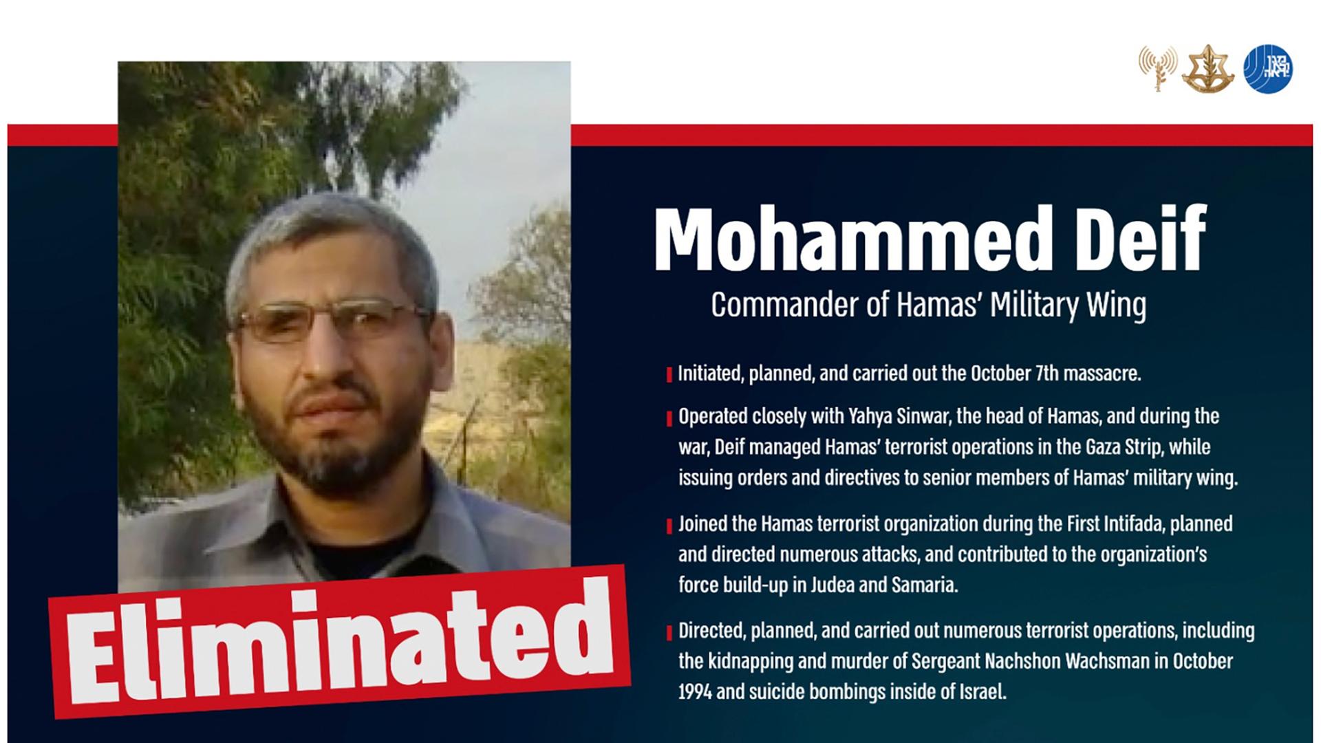 Diese vom israelischen Militär veröffentlichte Grafik bestätigt den Tod des Hamas-Militärchefs Mohammed Deif. 