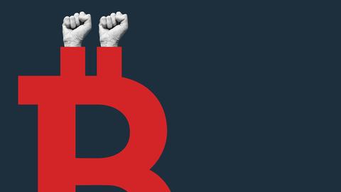 Zwei Fäuste ragen aus einem roten Bitcoin-Zeichen heraus.