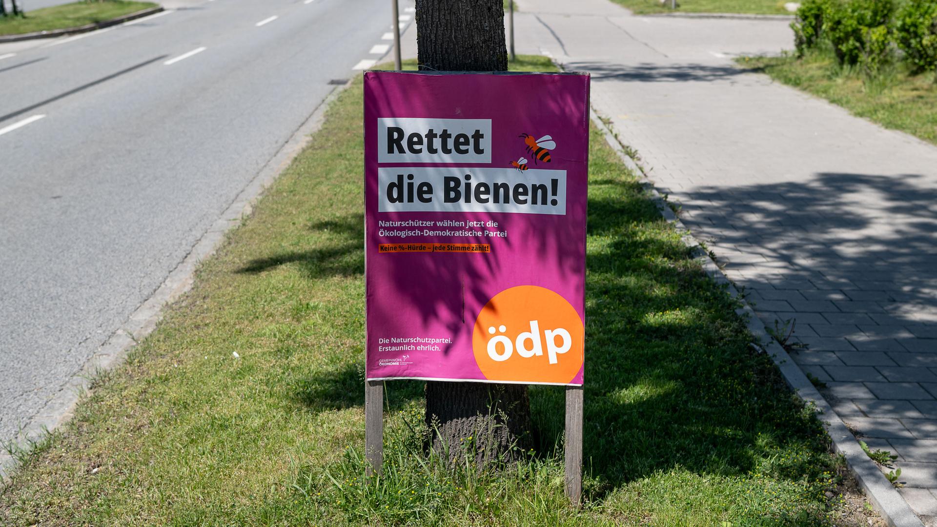 Ein Wahlplakat der ödp: "Rettet die Bienen!" steht an einem Straßenrand, 2024.