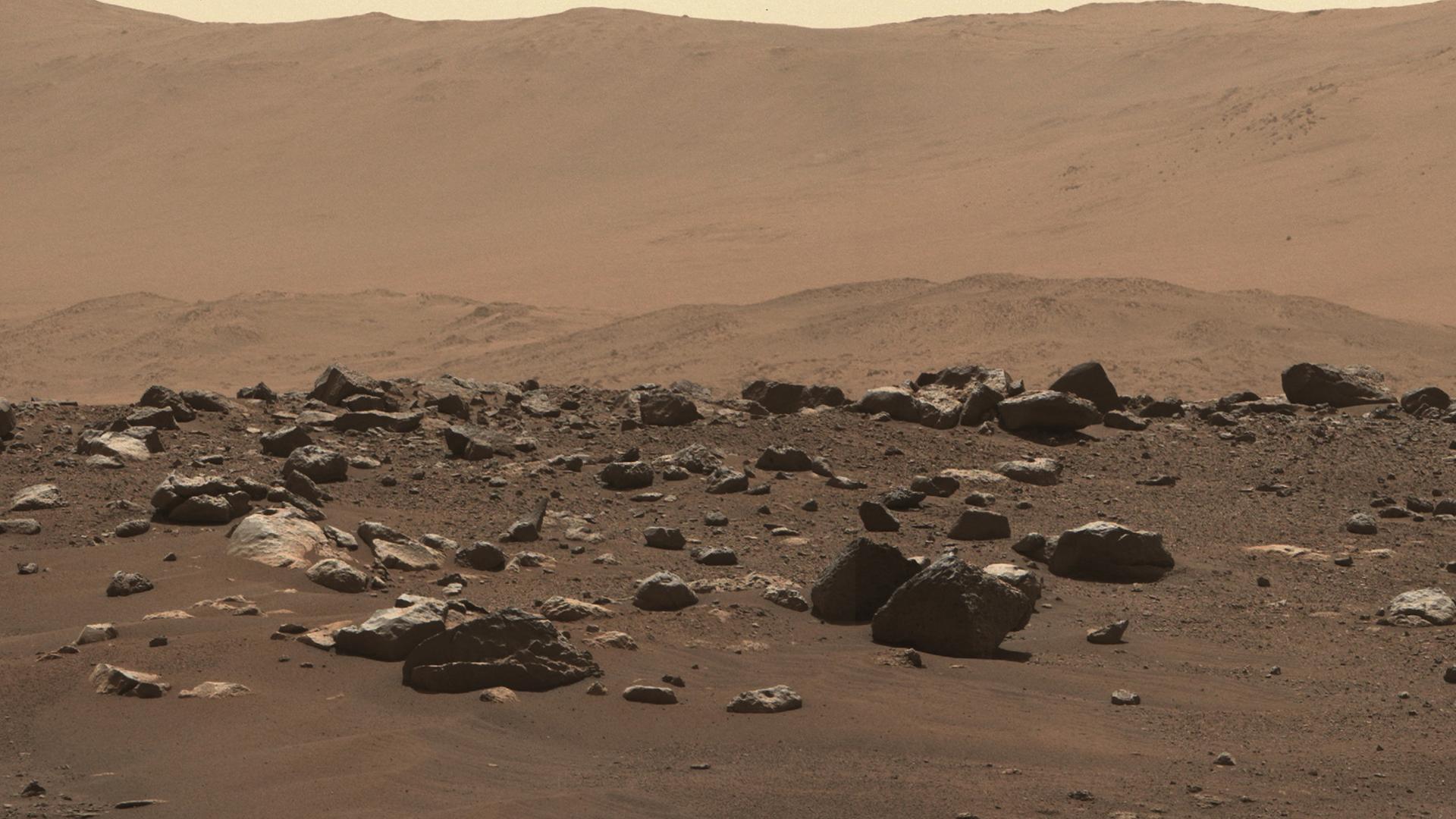 Eine Aufnahme des Mars-Rovers Perseverance von der Oberfläche des Mars, die aus 79 Einzelbildern zusammengesetzt wurde 