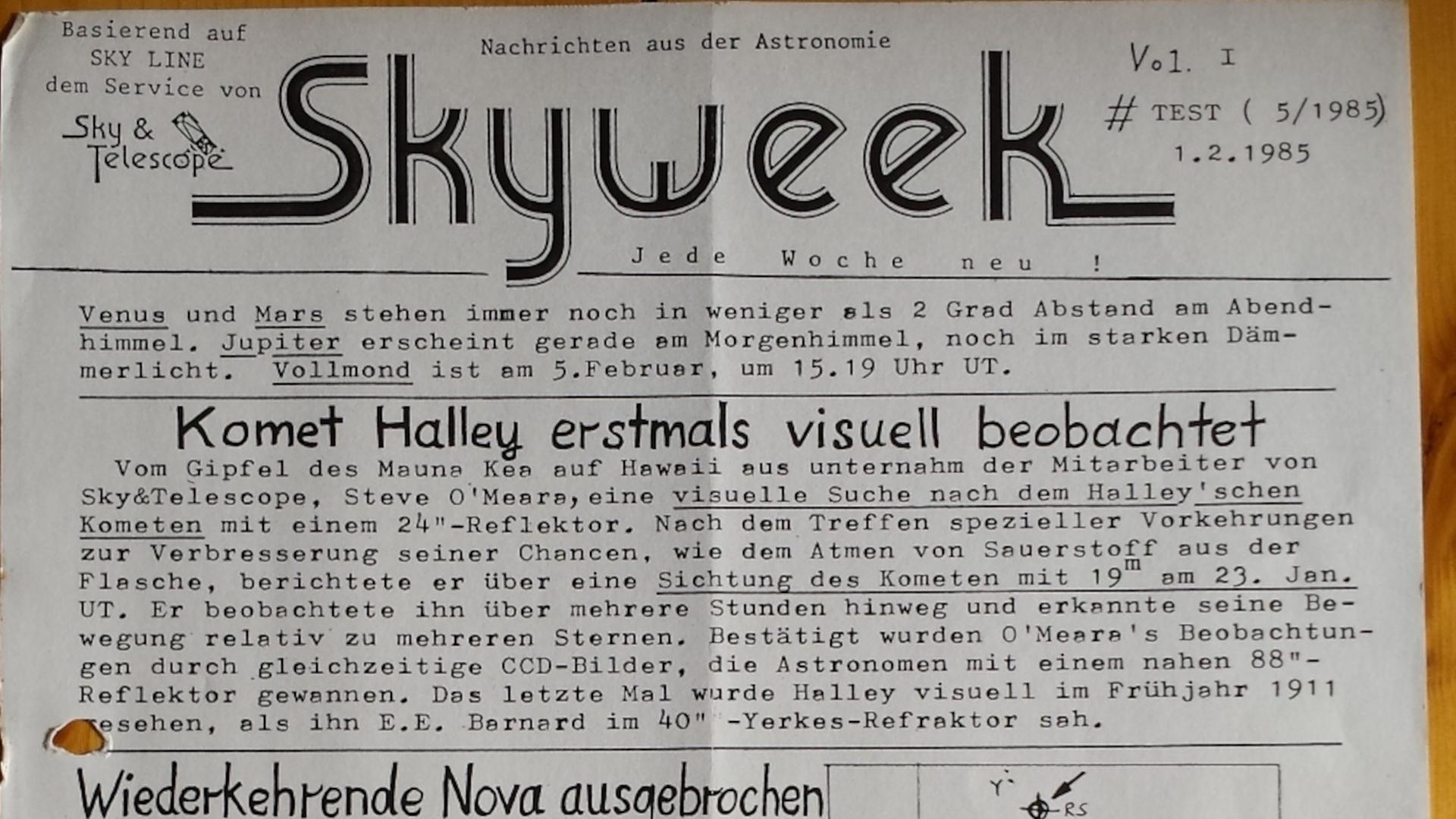 Die erste Seite des Newsletter "Skyweek" für Weltraumfans. Sie berichtet über den Komet Halley.