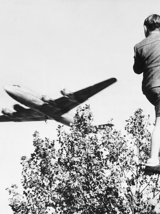 Ein Junge verfolgt von einem Baum aus den Landeanflug eines US-amerikanischen Transportflugzeugs auf den Berliner Flughafen Tempelhof. Ein Junge verfolgt von einem Baum aus den Landeanflug eines US-amerikanischen Transportflugzeugs auf den Berliner Flughafen Tempelhof.