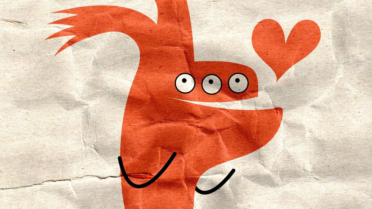 Ein rotes Monster mit drei Augen und einem Lächeln auf den Lippen, darüber schwebt ein Herz. Ein rotes Monster mit drei Augen und einem Lächeln auf den Lippen, darüber schwebt ein Herz.