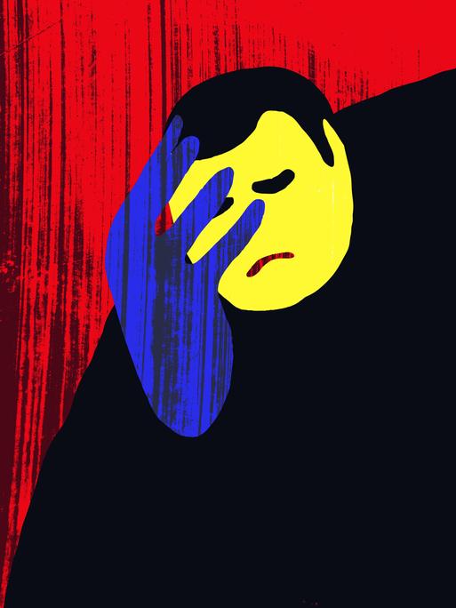 Illustration: ein Mann hält sich vor Scham die Hand vor das Gesicht.