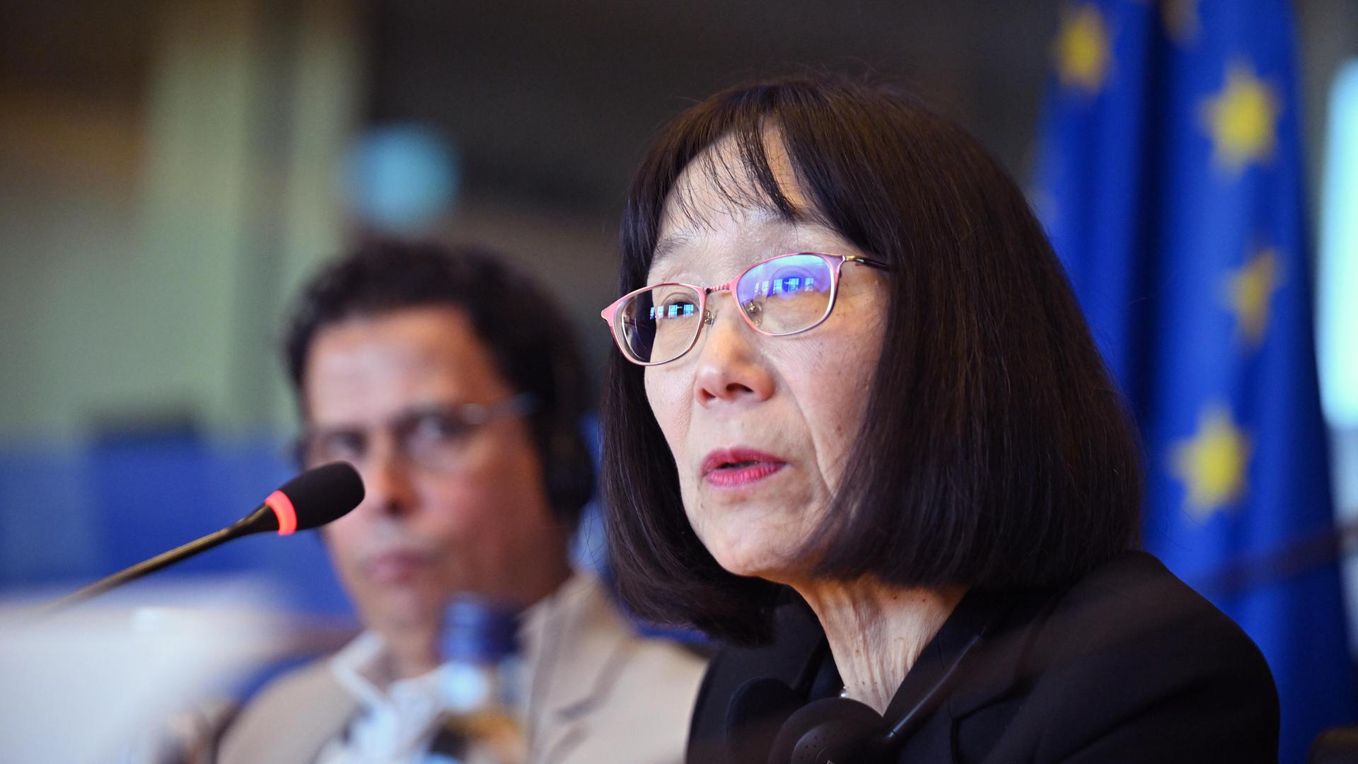 Tomoko Akane, die Präsidentin des Internationalen Strafgerichtshofs, spricht während einer Versammlung mit Mitgliedern des Menschenrechtskomitees des Europäischen Parlaments. Tomoko Akane, die Präsidentin des Internationalen Strafgerichtshofs, spricht während einer Versammlung mit Mitgliedern des Menschenrechtskomitees des Europäischen Parlaments.