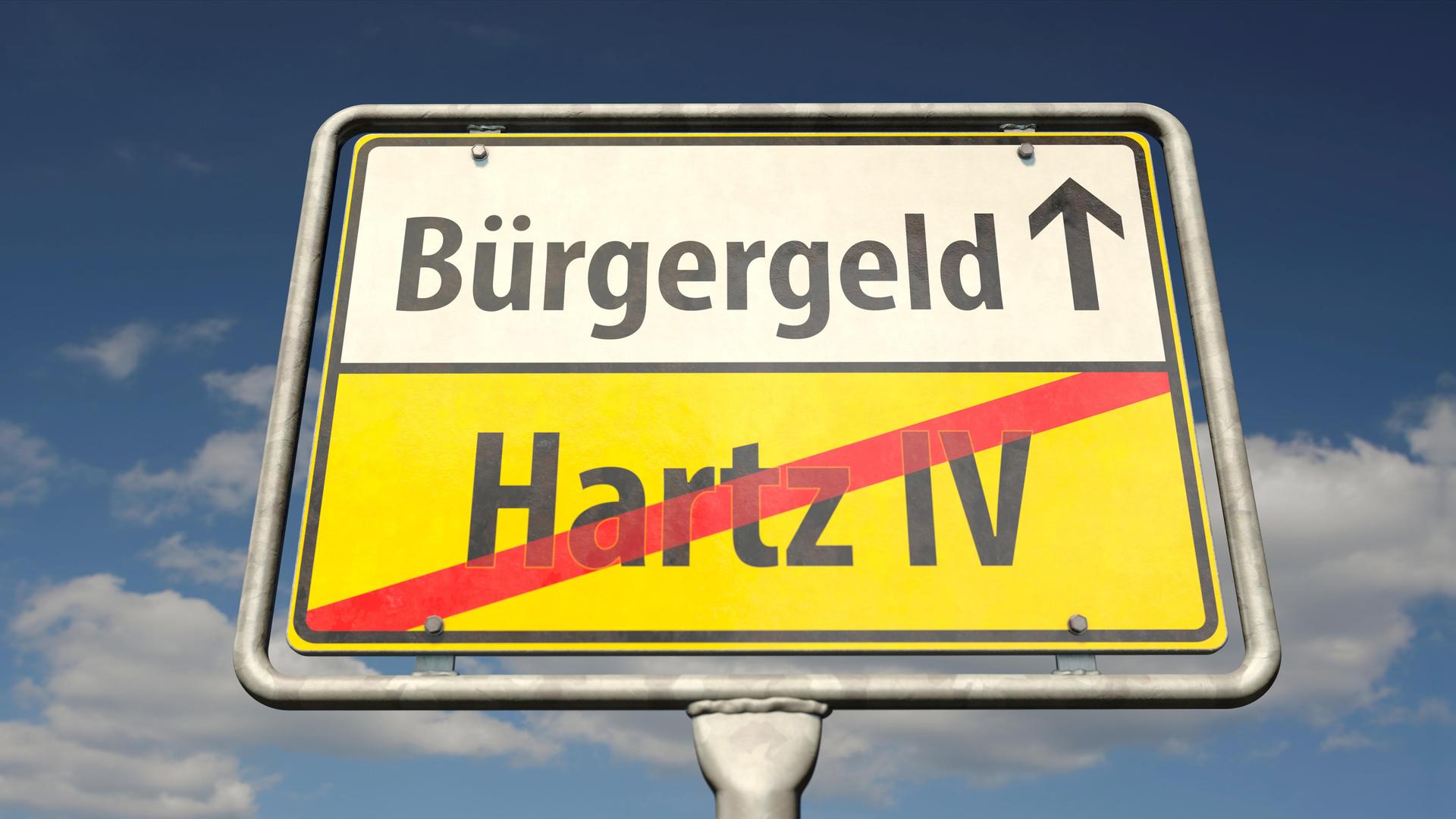 Ein Orts-Ausgangs-Schild zeigt an: Sie verlassen jetzt Hartz 4, als Nächstes kommt das Bürgergeld.