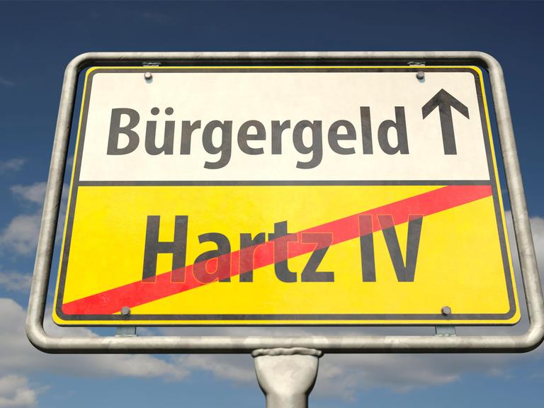 Ein Ortsausgangsschild zeigt an: Sie verlassen jetzt Hartz IV, als Nächstes kommt Bürgergeld. 