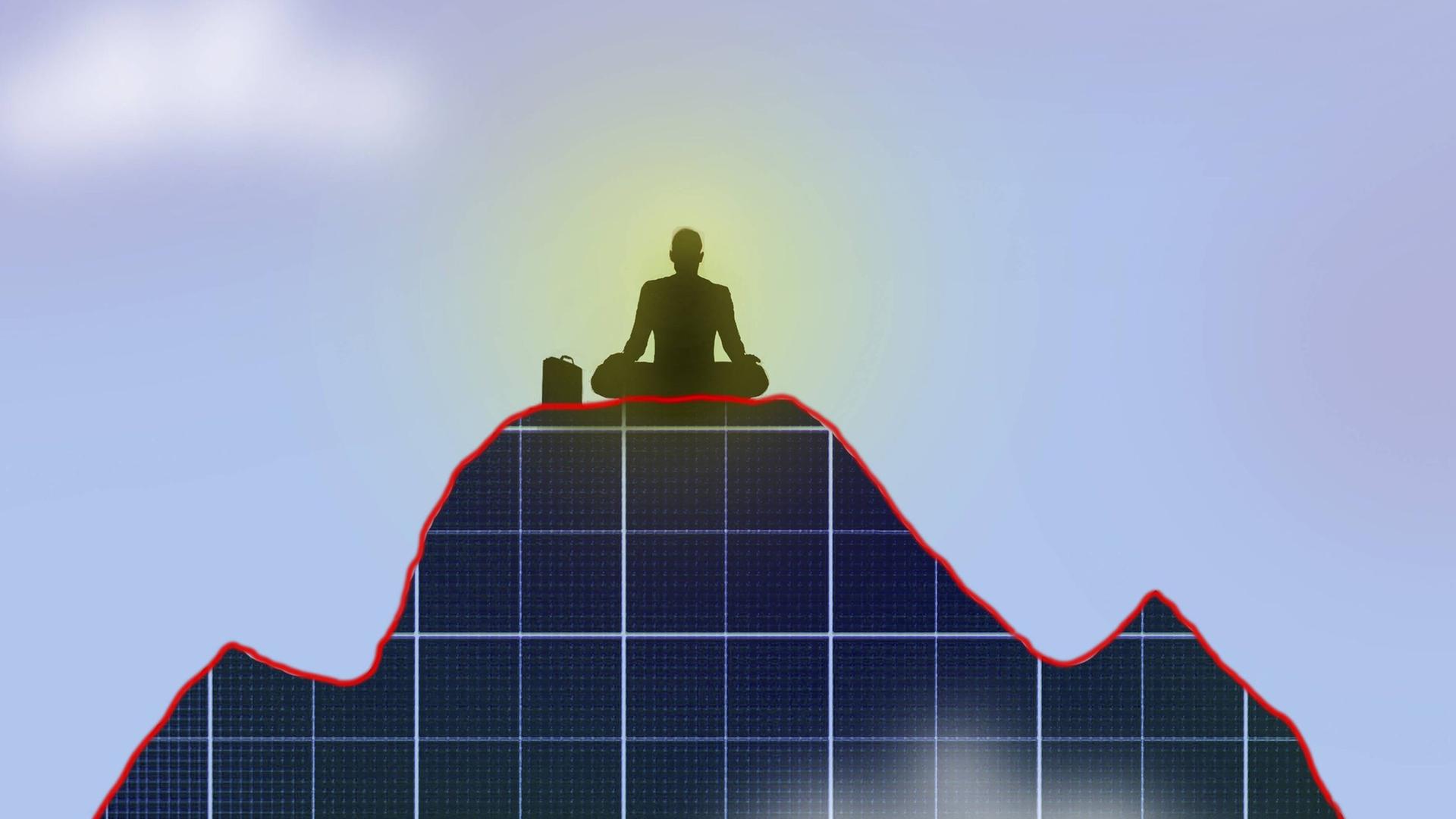 Illustration: Die Silhouette eines Mann im Lotussitz auf einem diagrammartig stilisierten Berggipfel. 