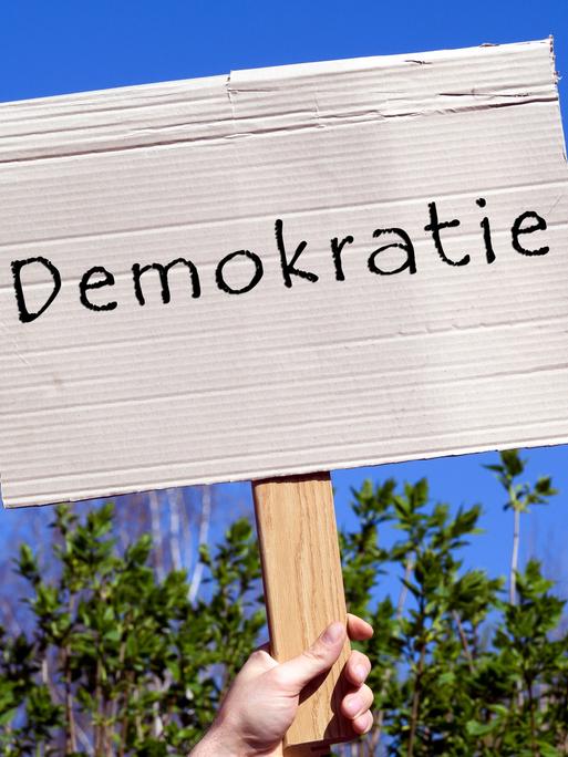 Pappschild mit der Aufschrift "Demokratie" wird hochgehalten, vor blauem Himmel.