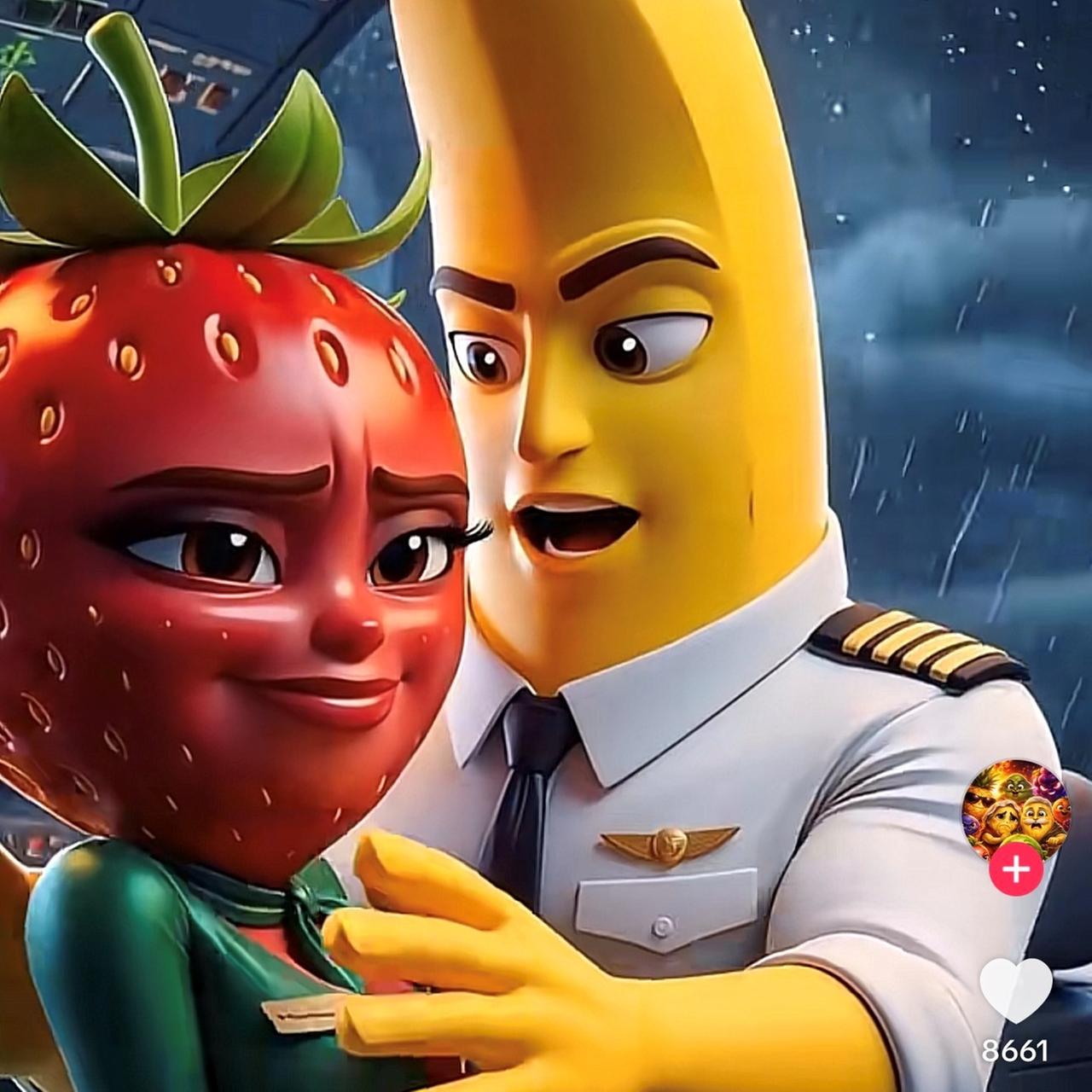 Eine von Künstlicher Intelligenz animierte Erdbeere und eine Banane mit menschlichen Gesichtern sprechen miteinander. 