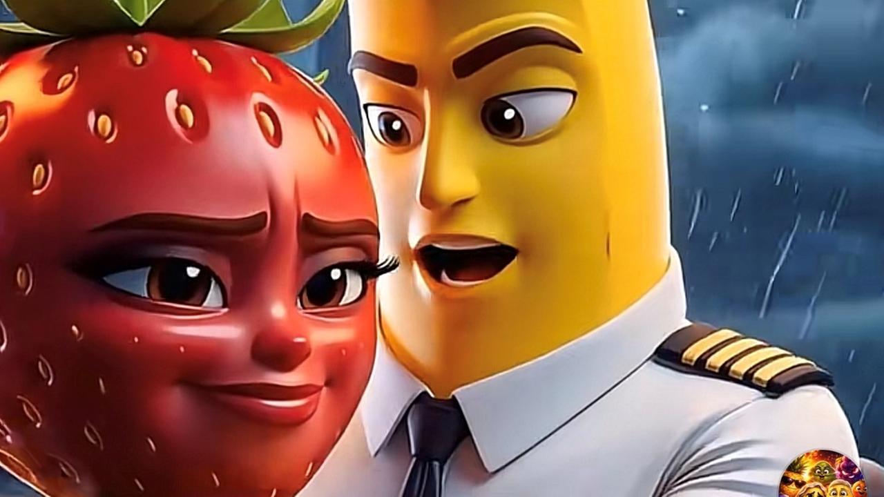 Eine von Künstlicher Intelligenz animierte Erdbeere und eine Banane mit menschlichen Gesichtern sprechen miteinander. 