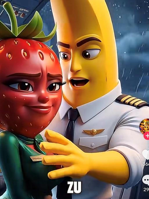 Eine von Künstlicher Intelligenz animierte Erdbeere und eine Banane mit menschlichen Gesichtern sprechen miteinander. 