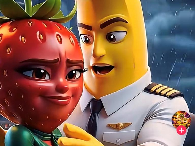 Eine von Künstlicher Intelligenz animierte Erdbeere und eine Banane mit menschlichen Gesichtern sprechen miteinander. 