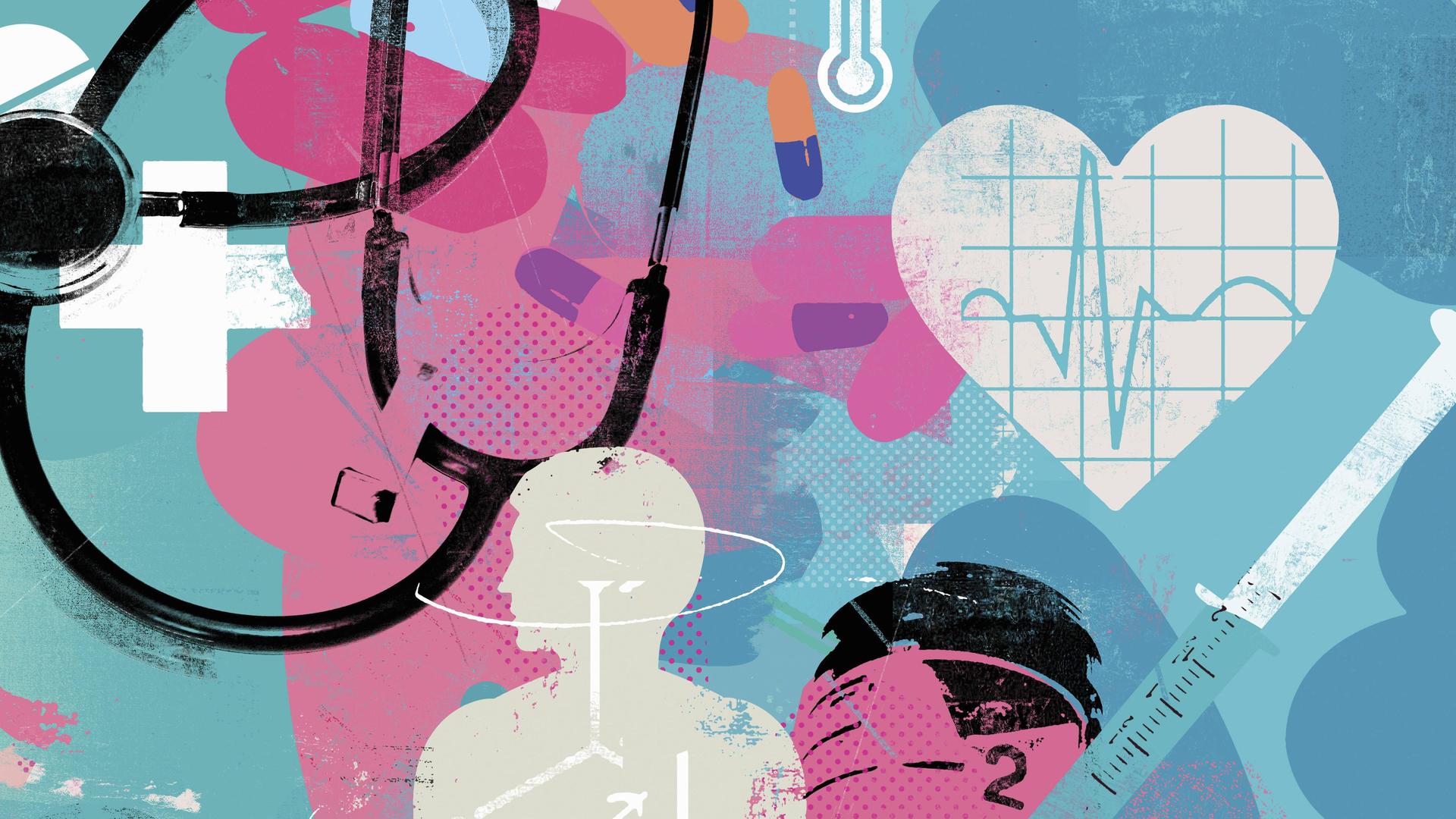 Illustrative Collage zu Gesundheitspflege und Medizin zeigt ein Herz. Illustrative Collage zu Gesundheitspflege und Medizin zeigt ein Herz.