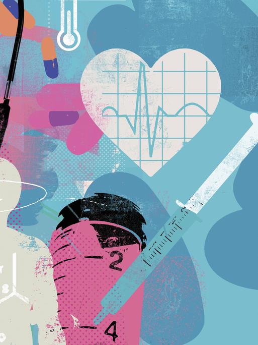 Illustrative Collage zu Gesundheitspflege und Medizin zeigt ein Herz.