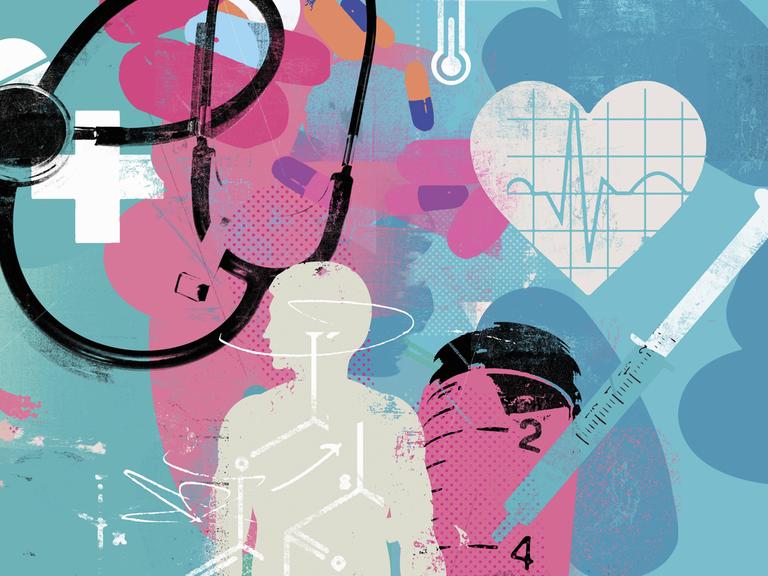 Illustrative Collage zu Gesundheitspflege und Medizin zeigt ein Herz.