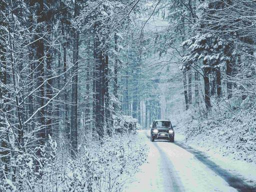 Eine verschneite Straße im Tannenwald, darauf fährt ein Auto.