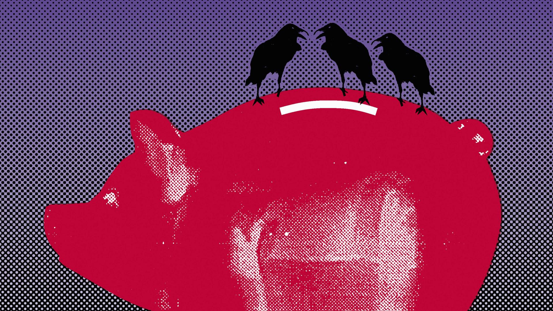 Illustration: Drei schwarze Krähen sitzen auf einem Sparschwein.