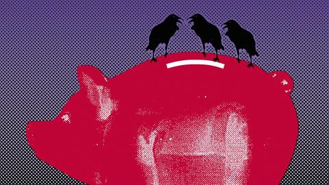 Illustration: Drei schwarze Krähen sitzen auf einem Sparschwein.