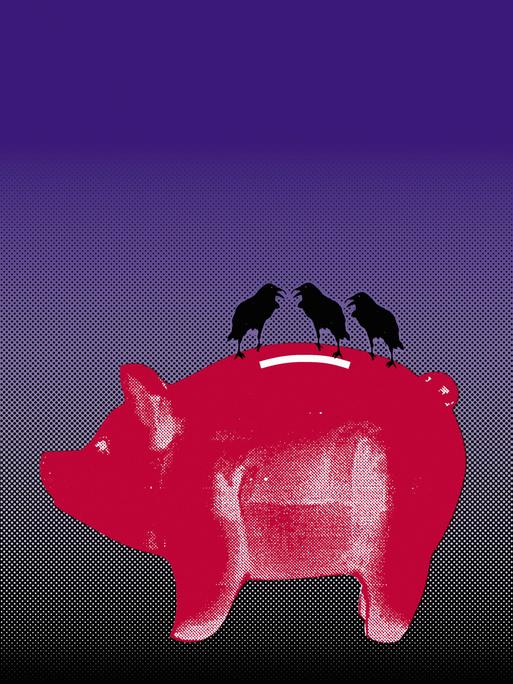 Illustration: Drei schwarze Krähen sitzen auf einem Sparschwein.