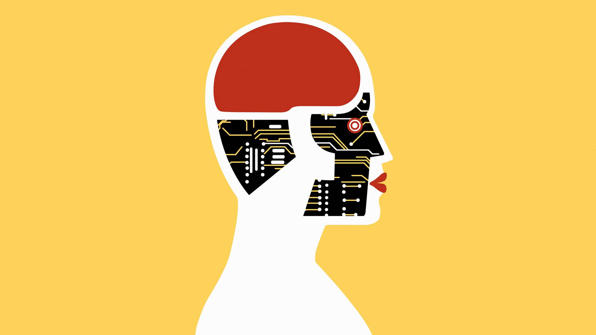 Illustration: Ein weiblicher Roboter-Kopf mit roten Lippen.