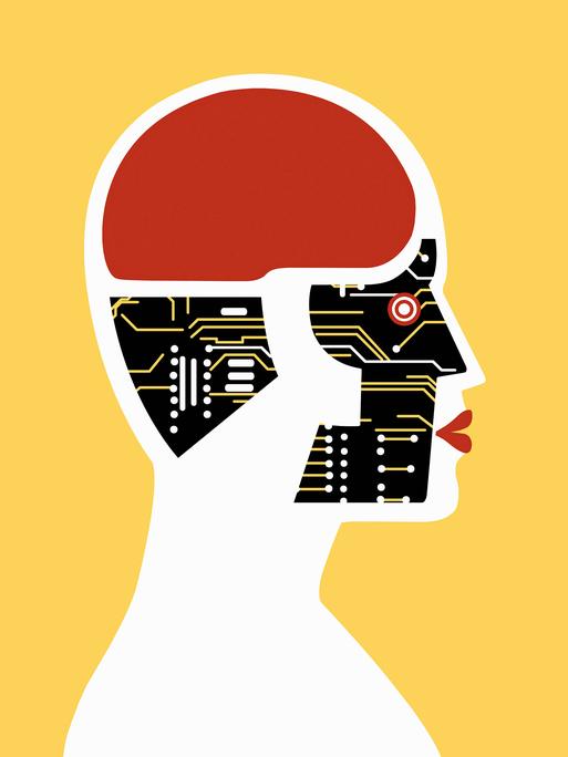 Illustration: Ein weiblicher Roboter-Kopf mit roten Lippen.