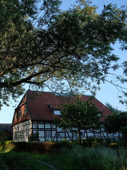 Ein Fachwerkhaus an einem Deich in der nördlichen Okeraue im Ortsteil Watenbüttel wird von der Sonne beschienen.