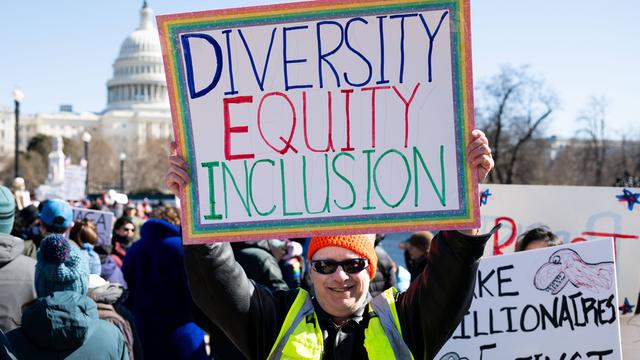 Ein Protestierender in einem Demonstrationszug. In der Hand hält er ein Schild mit der Aufschrift Diversity equity inclusion. Aufgenommen in Washington D.C.