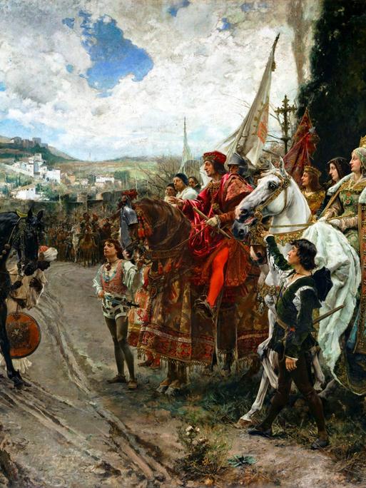 Muhammad XII., der letzte Emir von Granada, übergibt Granada 1492 an das spanische Königspaar.