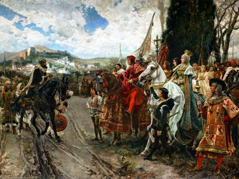 Muhammad XII., der letzte Emir von Granada, übergibt Granada 1492 an das spanische Königspaar.