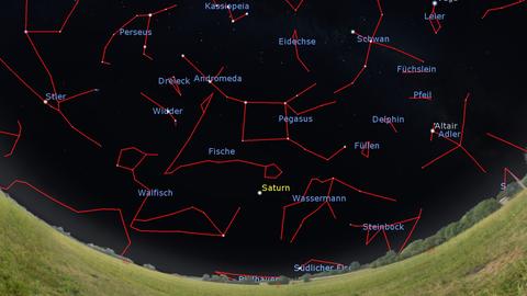Der Blick an den Südhimmel morgen um Mitternacht, zur Monatsmitte um 23 h MESZ und am Monatsletzten gegen 21 h MEZ: Der Ringplanet Saturn strahlt unter dem Viereck des Pegasus. 