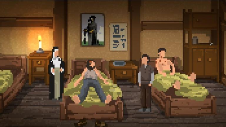 Szene aus dem Videospiel "The Plague Doctor of Wippra": Der Pest-Arzt steht zwischen zwei Betten, auf denen jeweils ein Mensch liegt oder sitzt, neben dem einen Bett steht eine Nonne, an der Wand hängt ein Bild eines Pest-Arztes mit Schnabelmaske.