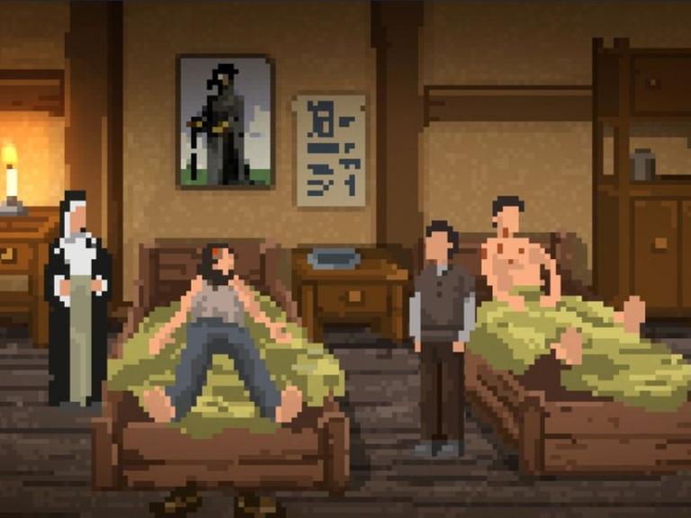 Szene aus dem Videospiel "The Plague Doctor of Wippra": Der Pest-Arzt steht zwischen zwei Betten, auf denen jeweils ein Mensch liegt oder sitzt, neben dem einen Bett steht eine Nonne, an der Wand hängt ein Bild eines Pest-Arztes mit Schnabelmaske.