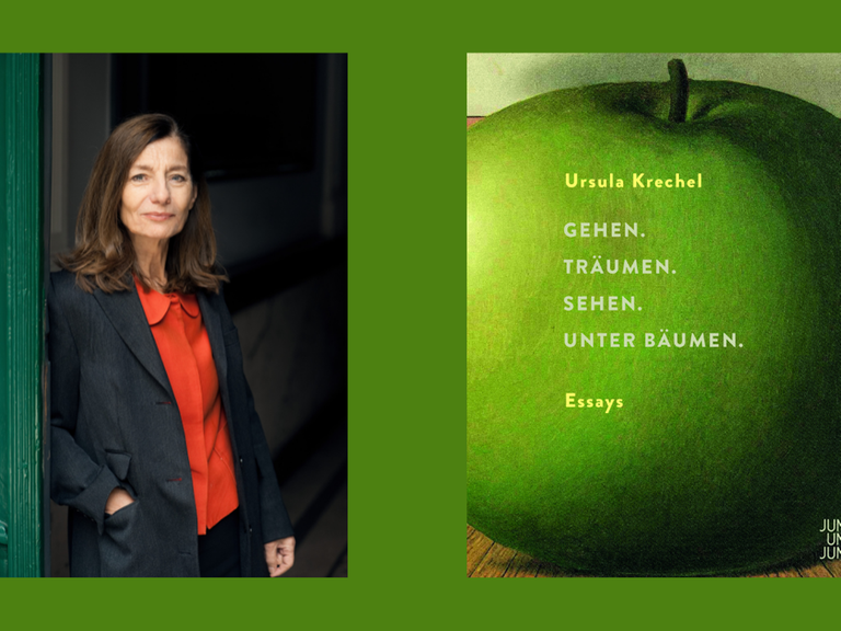 Ein Portrait der Schriftstellerin Ursula Krechel und das Buchcover von „Gehen. Träumen. Sehen. Unter Bäumen.“
