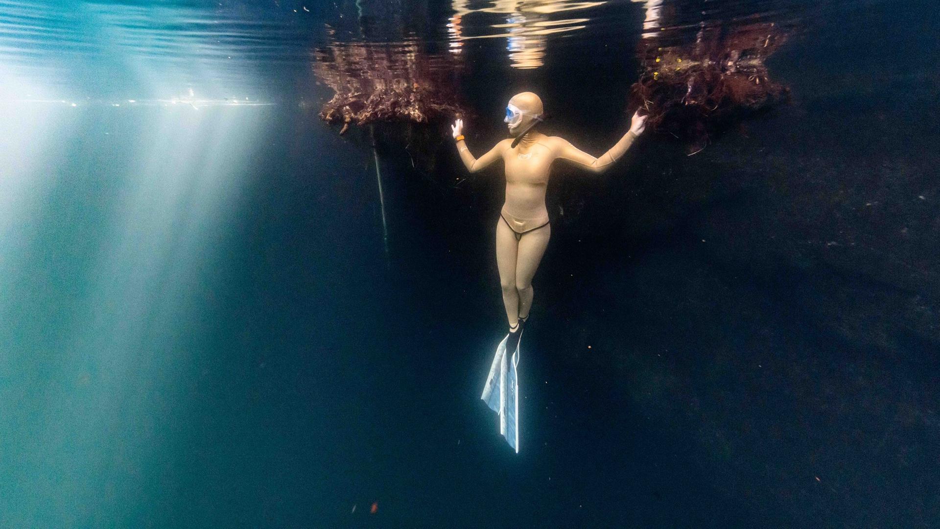 Eine Taucherin steht förmlich unter Wasser. Sie trägt einen hellorangen Tauchanzug und hält sich mit beiden Händen an undeutlichen, schwimmenden Strukturen fest.