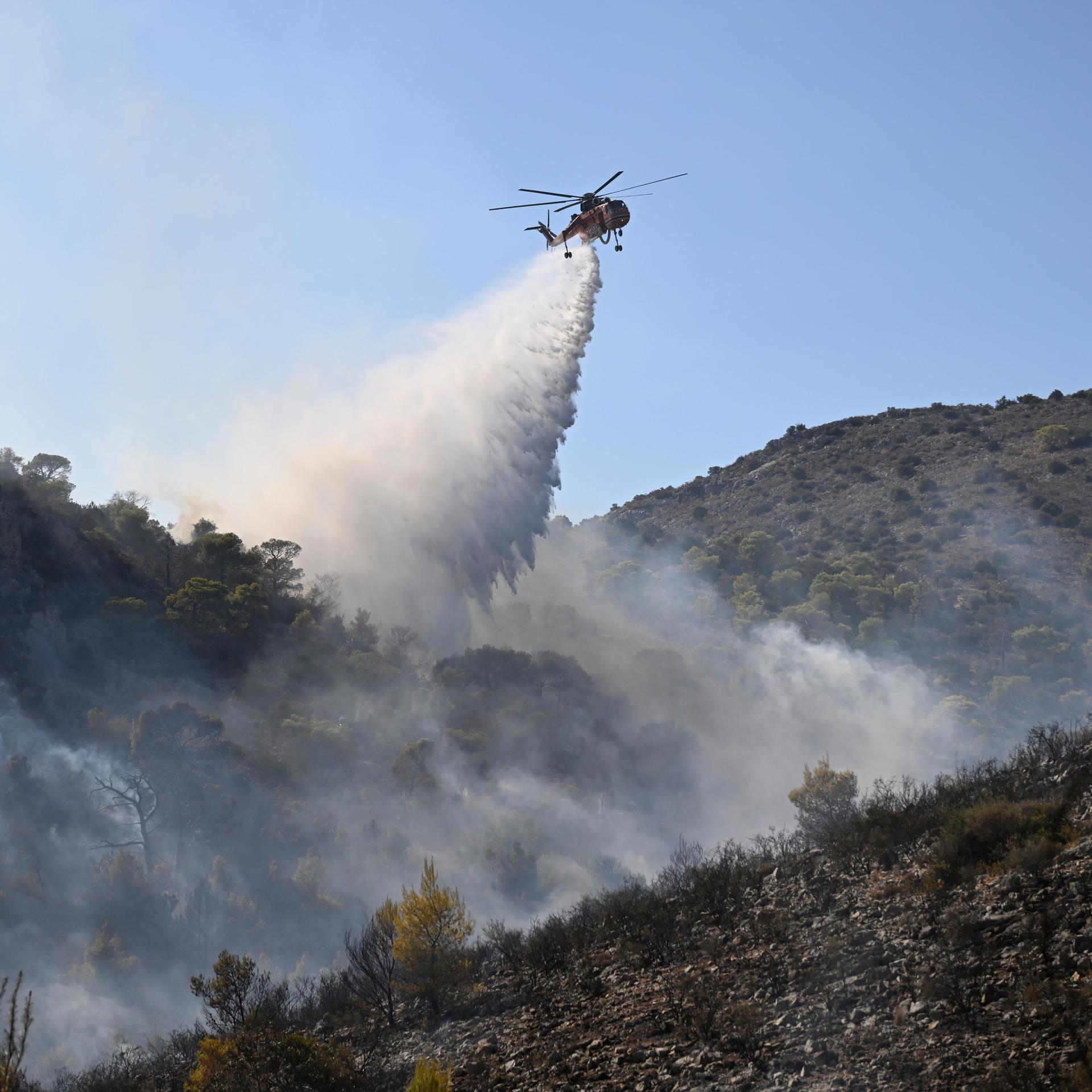 Ein Löschhubschrauber über einem Waldbrand.