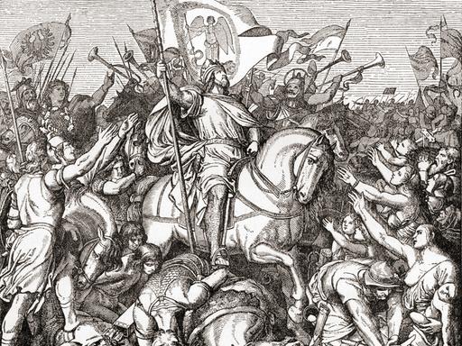 Darstellung Heinrich I. in der Schlacht von Merseburg im Jahr 933. Darstellung Heinrich I. in der Schlacht von Merseburg im Jahr 933.