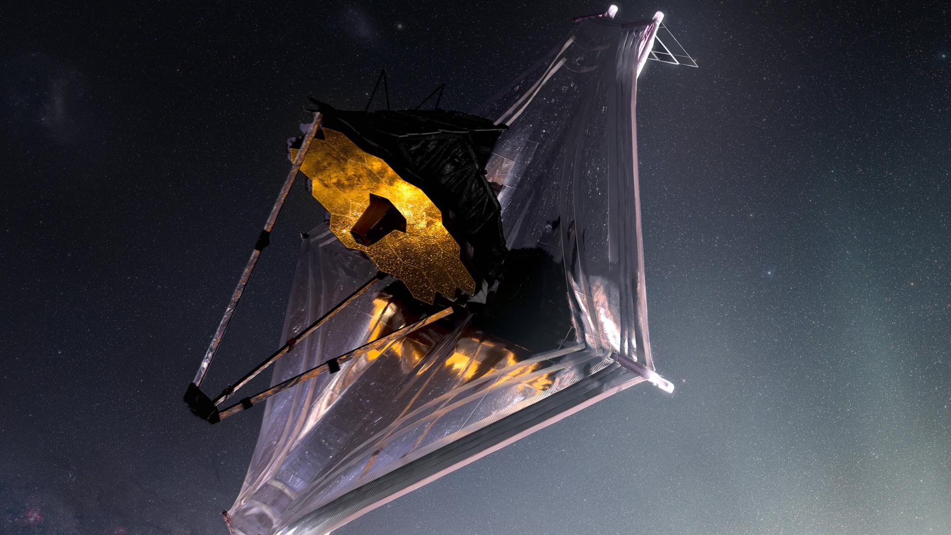 Künsterlische Darstellung des James-Webb-Weltraumteleskops (JWST) im Weltall. Künsterlische Darstellung des James-Webb-Weltraumteleskops (JWST) im Weltall.