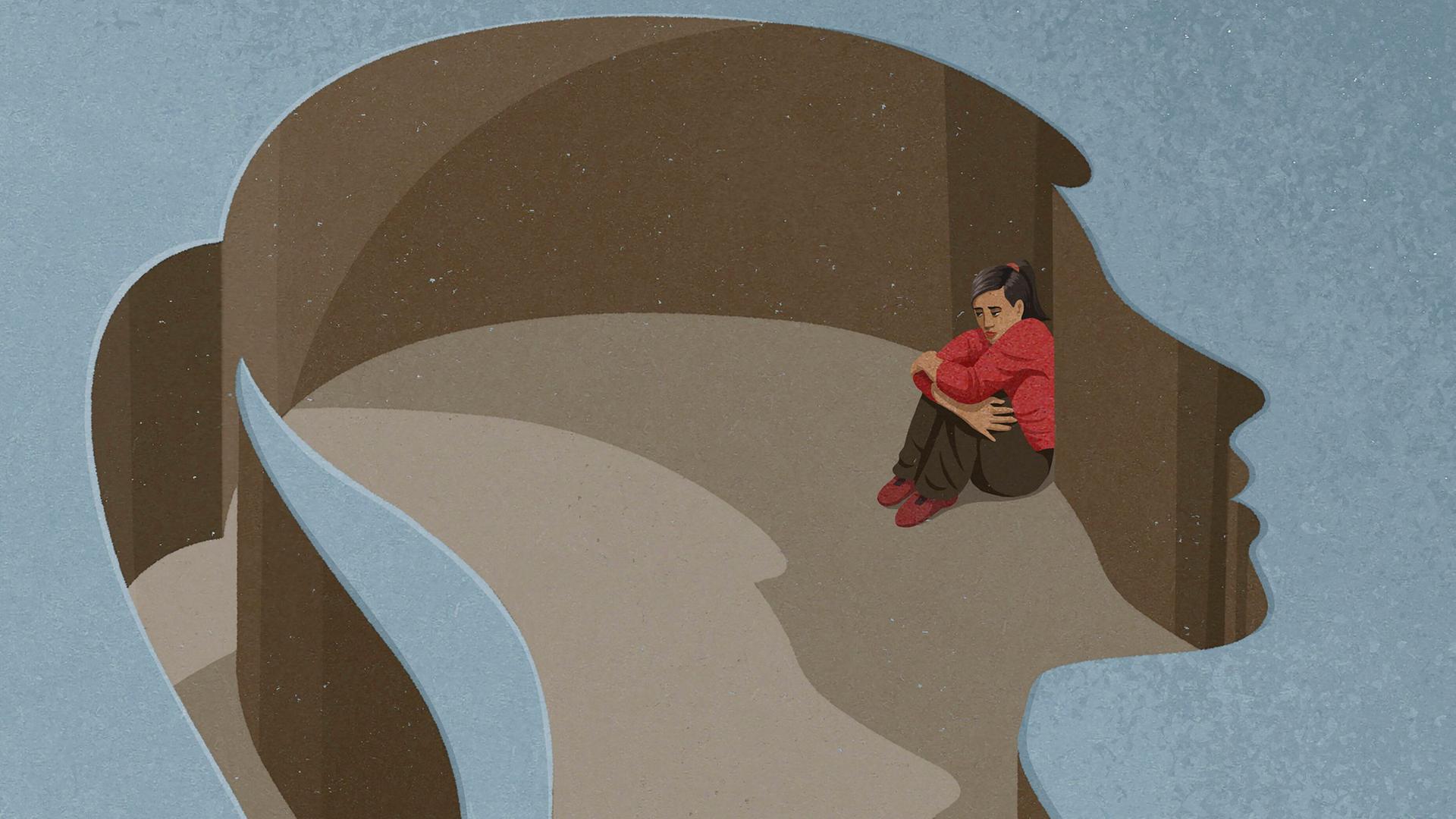 Auf der Illustration kauert ein Mädchen in seinem Kopf. Auf der Illustration kauert ein Mädchen in seinem Kopf.