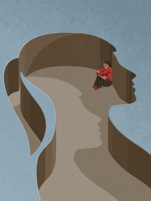 Auf der Illustration kauert ein Mädchen in seinem Kopf. 