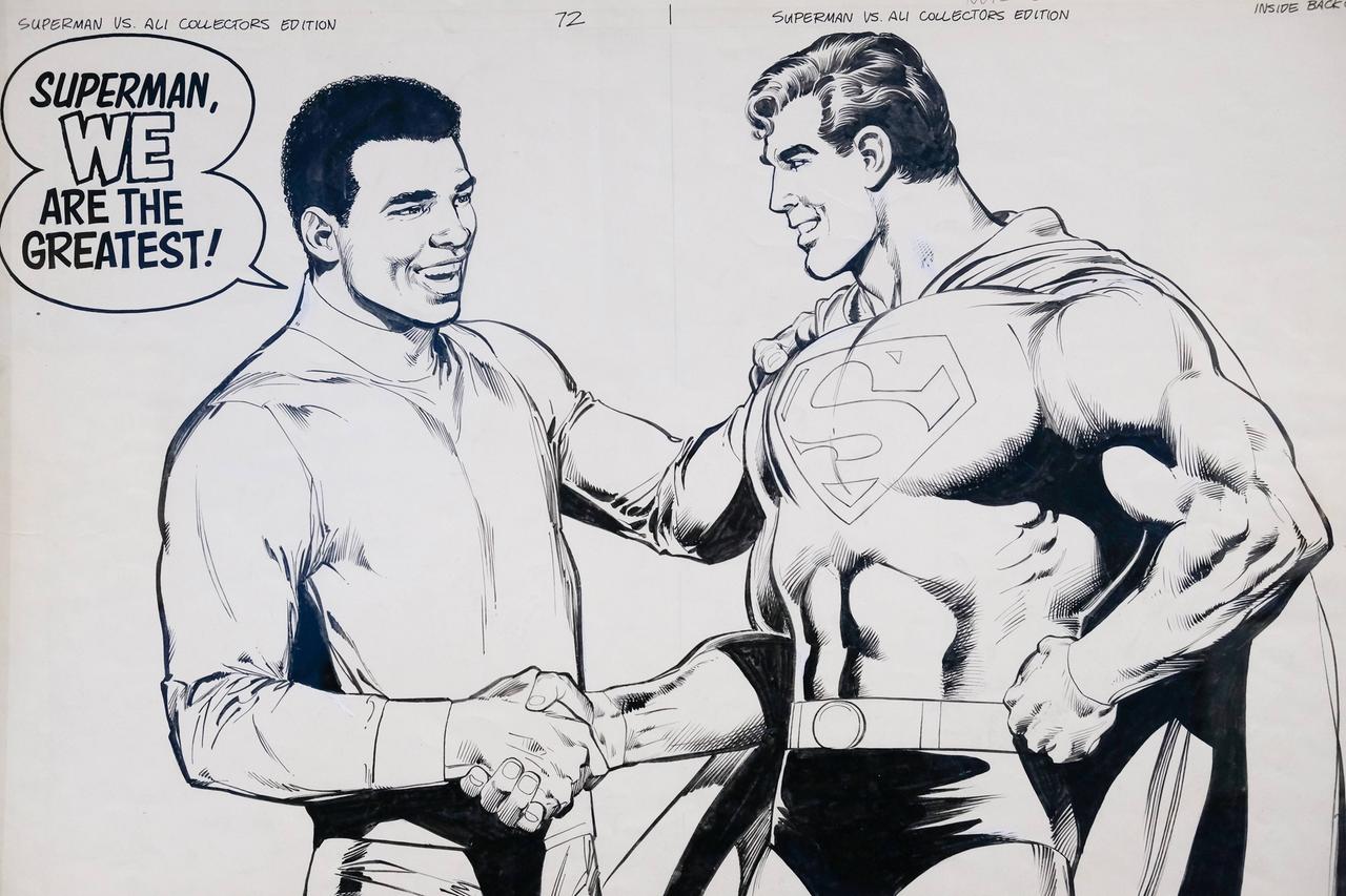 Muhammad Ali schüttelt Superman die Hand und sagt "Superman, we are the greatest!" (Zeichnung von Neal Adams und Dick Giordano)