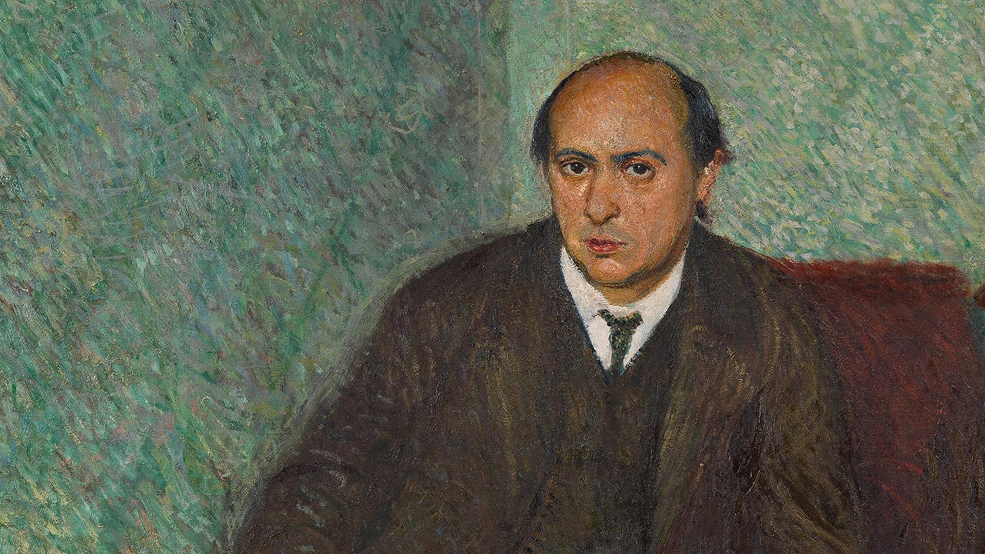 Richard Gerstls Gemälde zeigt Arnold Schönberg auf einem Sofa sitzend. Richard Gerstls Gemälde zeigt Arnold Schönberg auf einem Sofa sitzend.