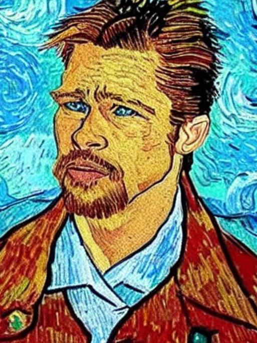 Ein von der Software Stble Diffusion erzeugtes Bild: Ein Porträt des Schauspielers Brad Pitt im Stil von Vincent van Gogh