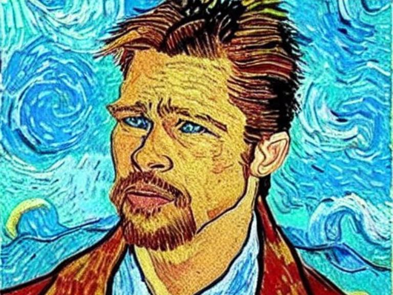 Ein von der Software Stble Diffusion erzeugtes Bild: Ein Porträt des Schauspielers Brad Pitt im Stil von Vincent van Gogh