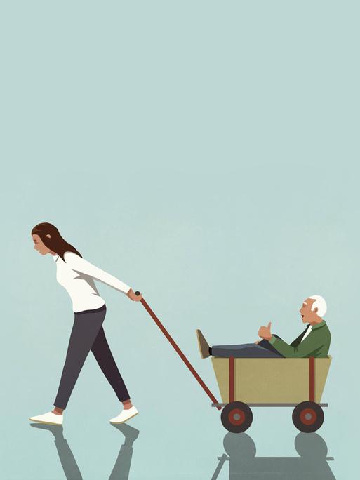 Eine Illustration zeigt eine Frau, die einen älteren Mann in einem Bollerwagen hinter sich herzieht. 