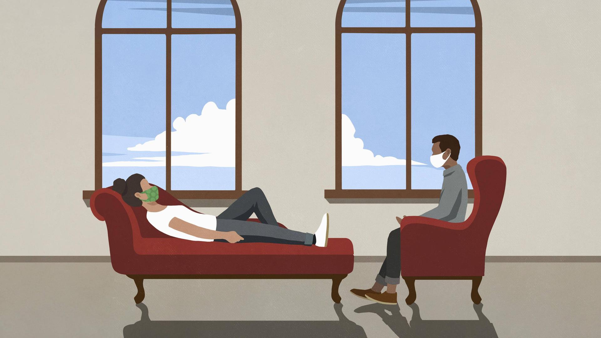 Illustration: Eine Therapeut im Stuhl und eine Patientin liegt auf einem Sofa mit Gesichtsmasken während einer psychologischen Behandlung. 
